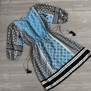 LOFT Blue and Black Bishop Sleeve Silky Dress XS